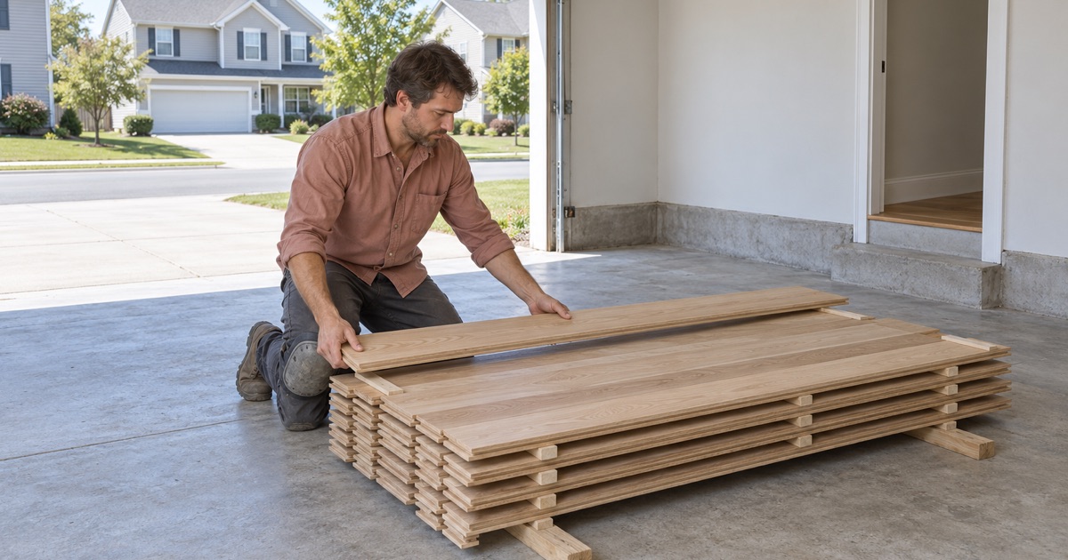 Worker stacking new oak flooring on spacer battens to acclimate in the garage of a Severn house.