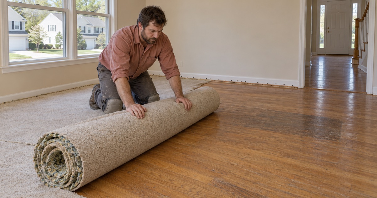 Worker rolling up old wall-to-wall carpet and pad to uncover oak flooring in a Severn living room.