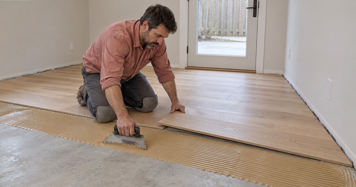 Worker spreading adhesive with a notched trowel on a concrete lower level beside new engineered hardwood planks.