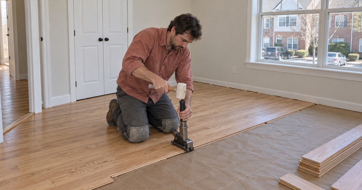Worker striking a flooring nailer seated on the tongue of new oak strip flooring in a Severn bedroom.