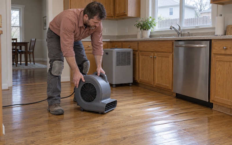 Worker aiming an air mover at cupped hardwood boards beside a dishwasher in a Severn kitchen.