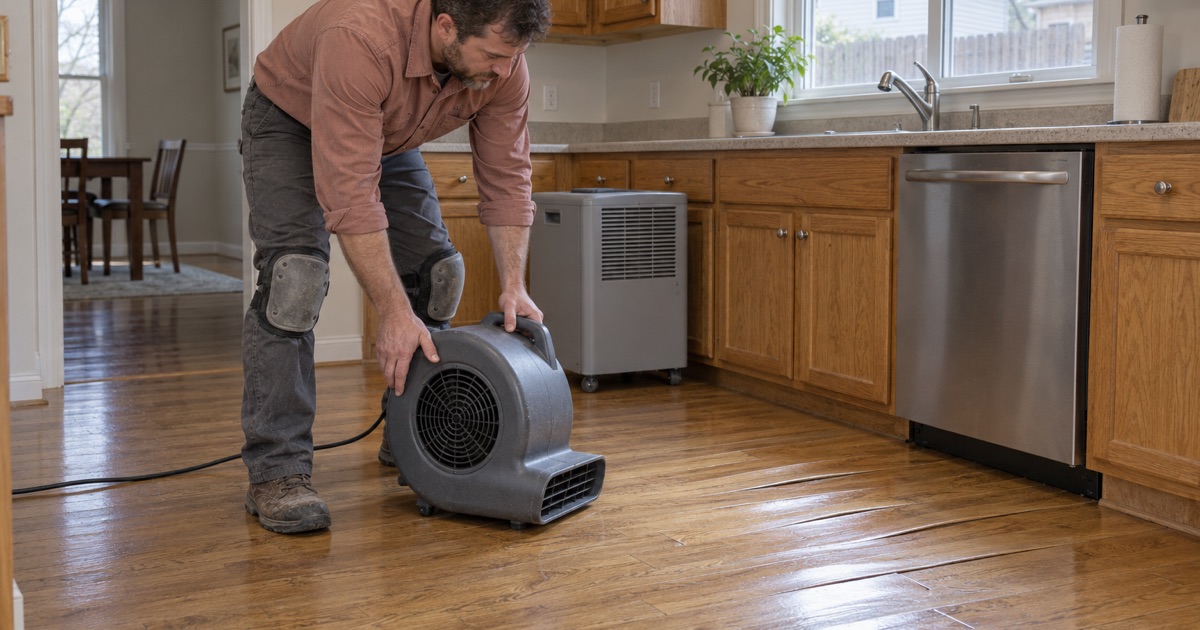 Worker aiming an air mover at cupped hardwood boards beside a dishwasher in a Severn kitchen.