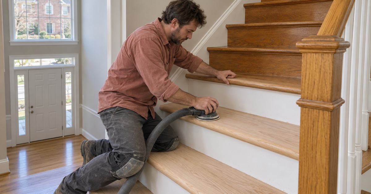 Worker sanding a red oak stair tread with a random orbital sander in the foyer of a Severn house.