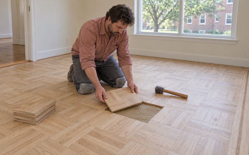 Worker setting a replacement oak parquet block into a sanded parquet floor before refinishing.