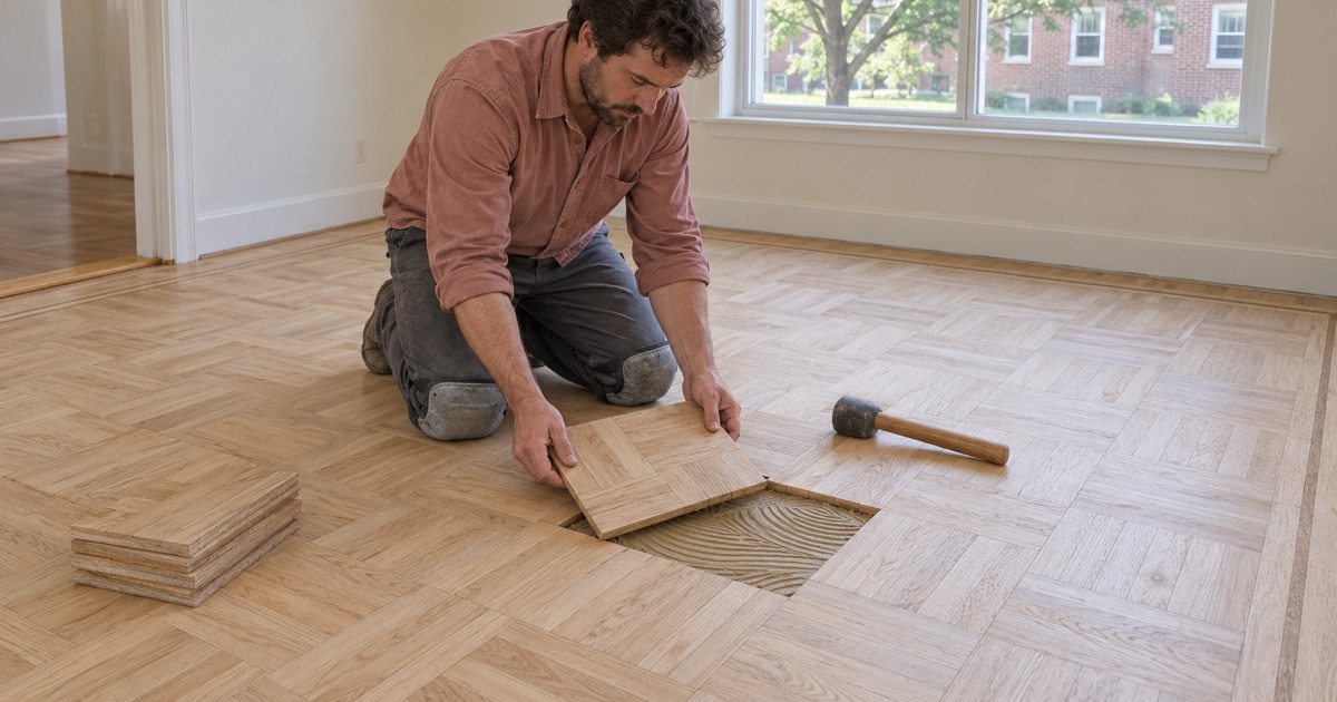 Worker setting a replacement oak parquet block into a sanded parquet floor before refinishing.