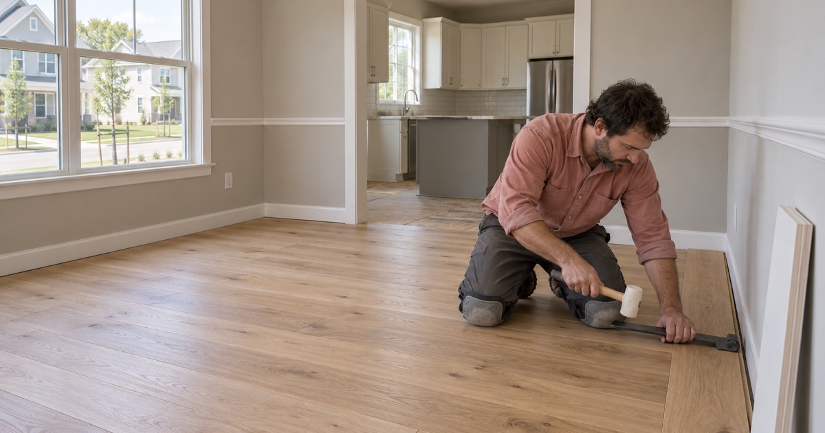 Worker closing the last joint on new wide white oak planks against a wall with a pull bar in a Severn home.