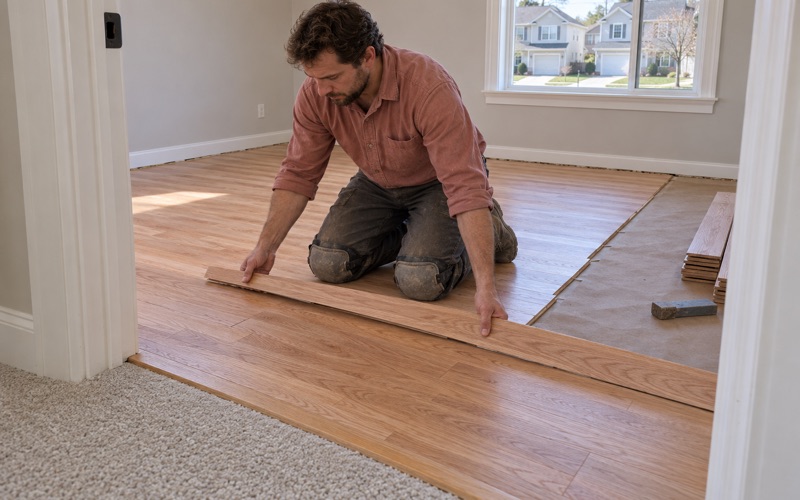 Worker lowering a new oak board into place in a Severn bedroom where the carpet has been taken up.