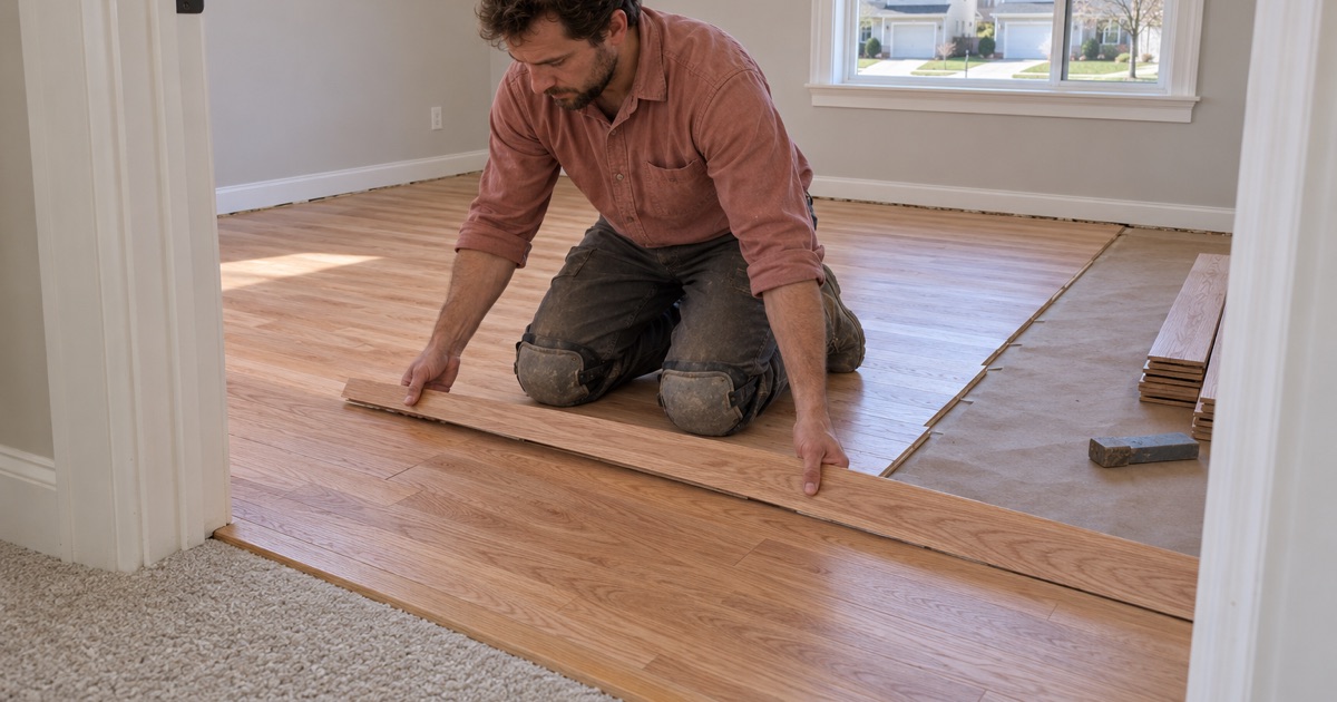 Worker lowering a new oak board into place in a Severn bedroom where the carpet has been taken up.
