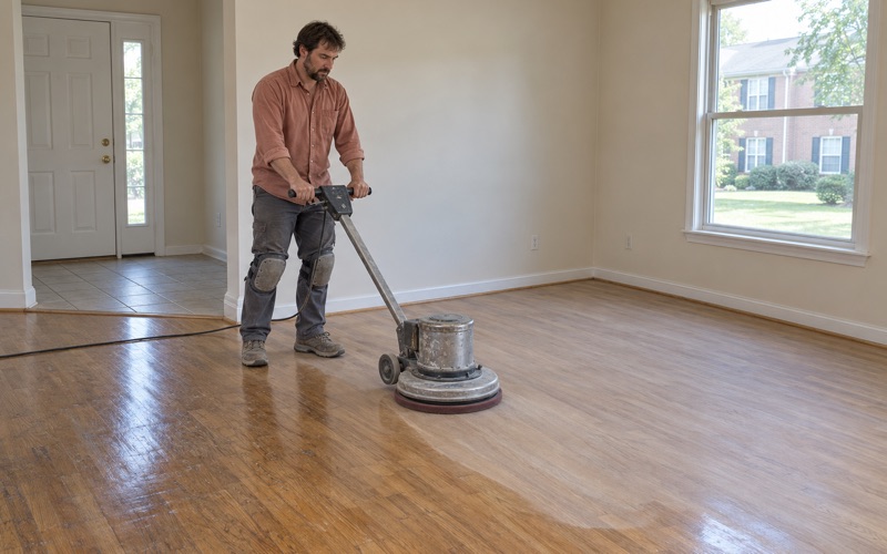 Worker running a floor buffer with a screening pad over a finished oak floor in a Severn townhouse living room.