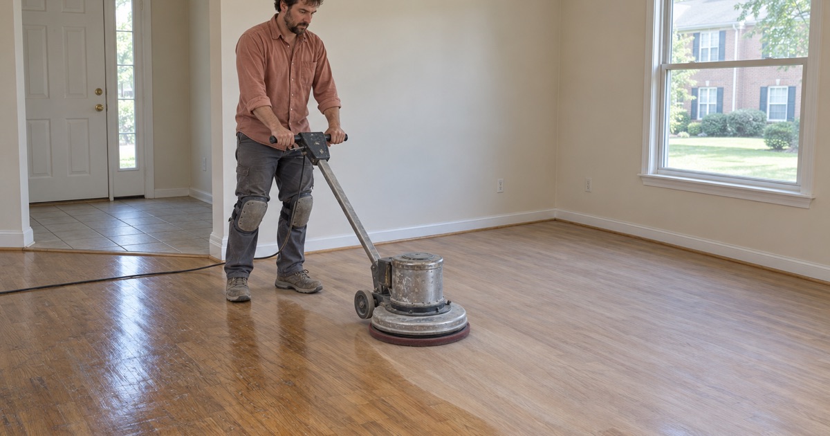 Worker running a floor buffer with a screening pad over a finished oak floor in a Severn townhouse living room.