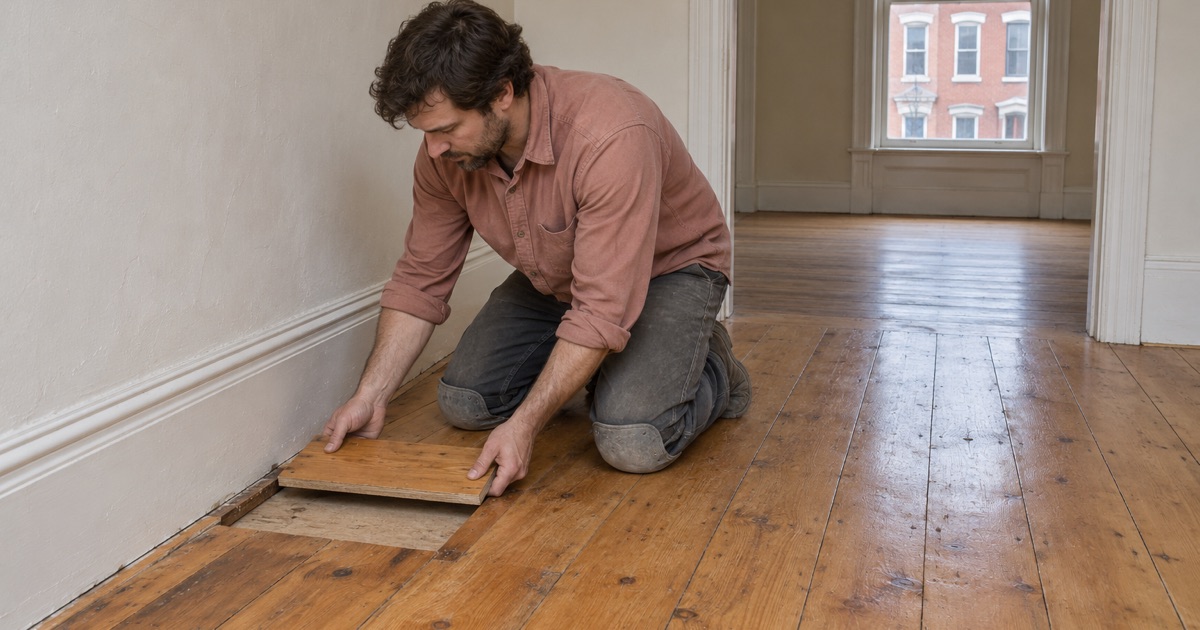 Worker fitting a wide pine plank patch into an old Baltimore rowhouse floor where a wiring hole was cut.