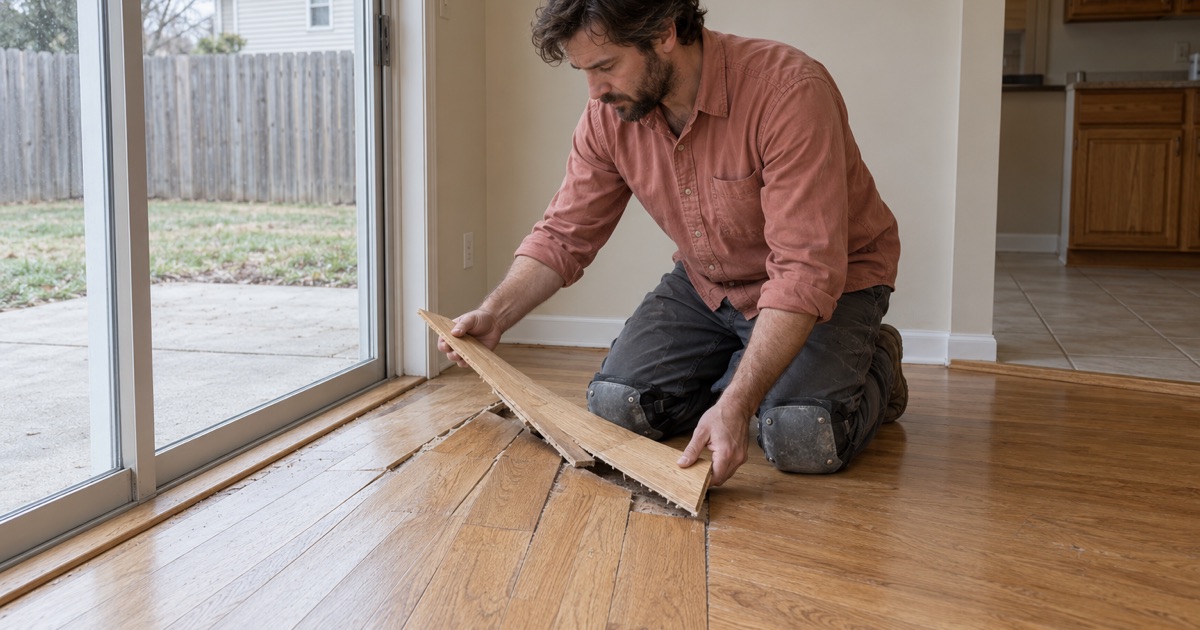 Worker lifting buckled oak boards that tented up beside a leaking sliding door in a Severn house.