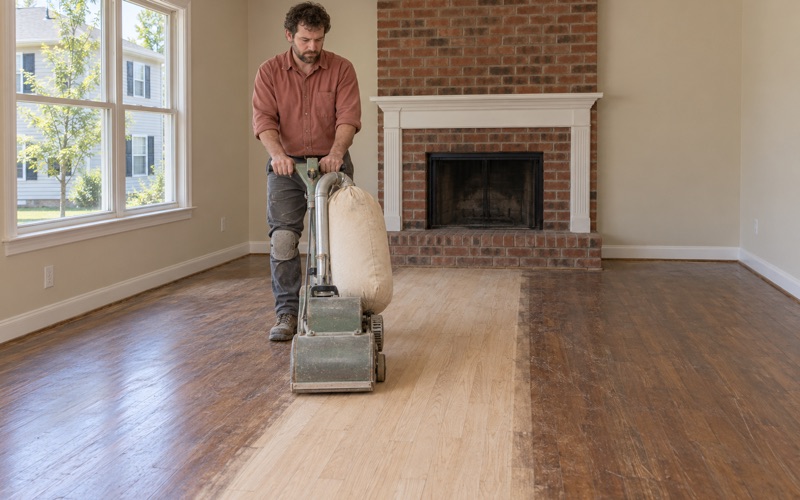 Worker guiding a drum sander along red oak strip flooring in the family room of a Severn house.