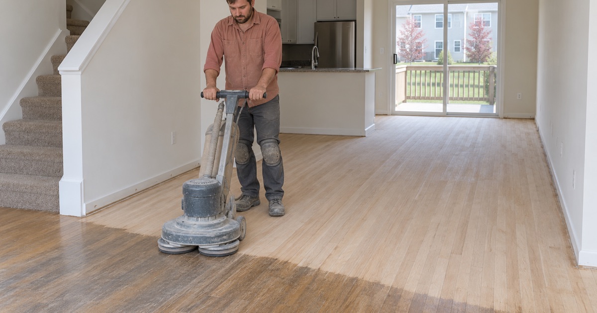 Worker guiding a multi-disc floor sander across red oak flooring on the main level of a Severn townhouse.